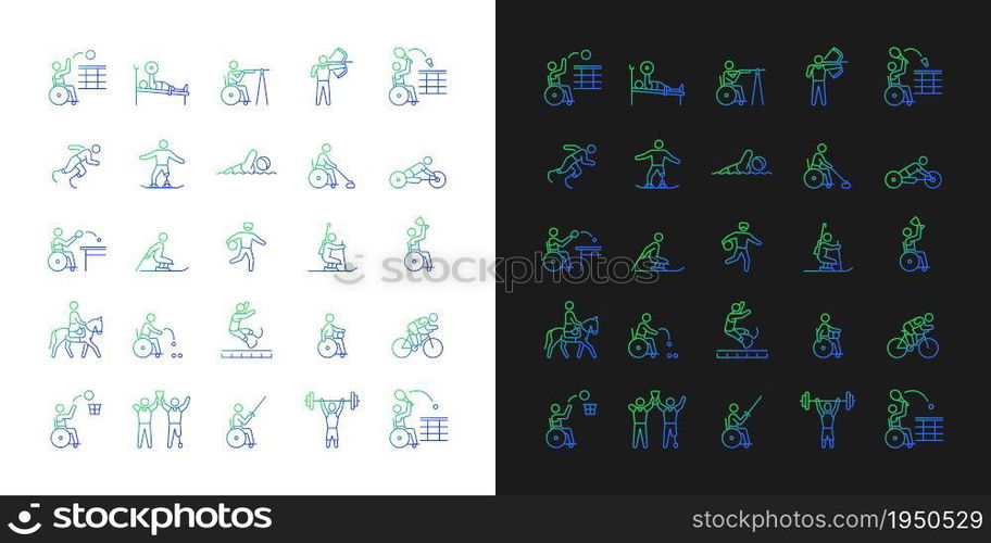 Sport competition gradient icons set for dark and light mode. Athletes with disability. Thin line contour symbols bundle. Isolated vector outline illustrations collection on black and white collection. Sport competition gradient icons set for dark and light mode