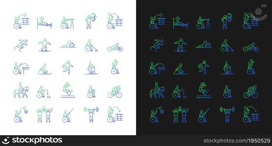 Sport competition gradient icons set for dark and light mode. Athletes with disability. Thin line contour symbols bundle. Isolated vector outline illustrations collection on black and white collection. Sport competition gradient icons set for dark and light mode