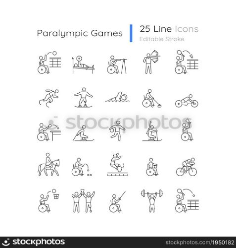 Sport competition linear icons set. Professional competitive event. Athletes with disability. Customizable thin line contour symbols. Isolated vector outline illustrations. Editable stroke collection. Sport competition linear icons set