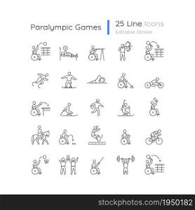 Sport competition linear icons set. Professional competitive event. Athletes with disability. Customizable thin line contour symbols. Isolated vector outline illustrations. Editable stroke collection. Sport competition linear icons set