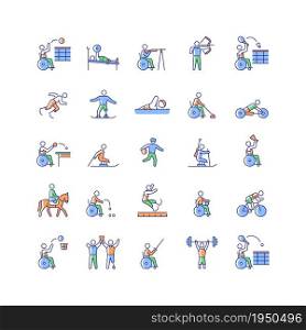 Sport competition RGB color icons set. Professional competitive event. Athletes and sportsmen with disability. Isolated vector illustrations. Simple filled line drawings collection collection. Sport competition RGB color icons set