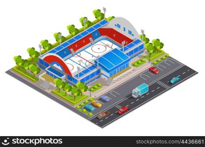 Sport Complex Stadium Isometric Banner . Sport complex stadium facilities for games and celebrations with parking lot abstract isometric composition banner vector illustration