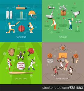 Sport design concept set with cricket golf baseball and basketball game flat icons isolated vector illustration. Sport Design Concept