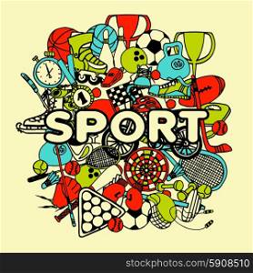 Sport doodle collage with hand drawn game equipment vector illustration. Sport Doodle Collage