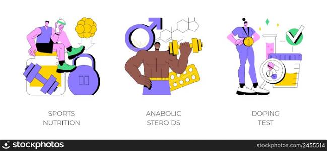 Sport drugs abstract concept vector illustration set. Sports nutrition, anabolic steroids, doping test, protein cocktail, muscle mass, athletic performance, laboratory analysis abstract metaphor.. Sport drugs abstract concept vector illustrations.