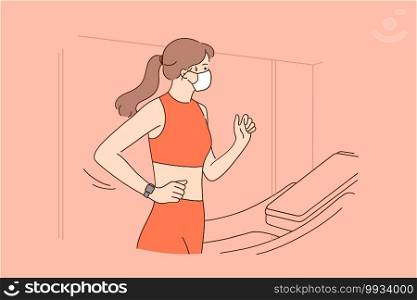 Sport during coronavirus pandemic concept. Sportswoman training on treadmill in gym wearing protective medical face mask to protect against covid-19 virus outbreak vector illustration. Sport during coronavirus pandemic concept