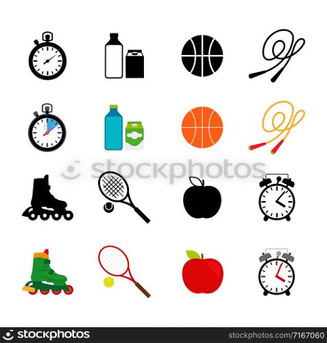 Sport equipment and food black and colorful icons vector set. Sport equipment, food icons set