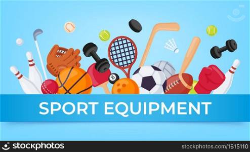 Sport equipment banner. Ball games and fitness items for rugby, badminton, soccer and basketball. Cartoon sports sale vector poster. Sport game shop banner, soccer ball and basketball illustration. Sport equipment banner. Ball games and fitness items for rugby, badminton, soccer and basketball. Cartoon sports elements sale vector poster