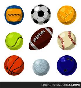 Sport equipment. Different balls in cartoon style. Vector collection set of balls for tennis and handball, baseball and basketball illustration. Sport equipment. Different balls in cartoon style. Vector collection set