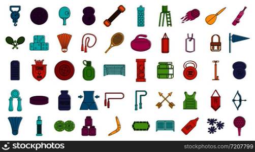 Sport equipment icon set. Color outline set of sport equipment vector icons for web design isolated on white background. Sport equipment icon set, color outline style
