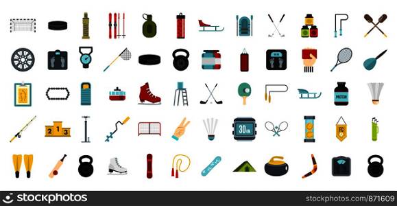 Sport equipment icon set. Flat set of sport equipment vector icons for web design isolated on white background. Sport equipment icon set, flat style