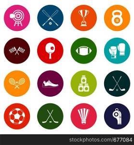 Sport equipment icons many colors set isolated on white for digital marketing. Sport equipment icons many colors set