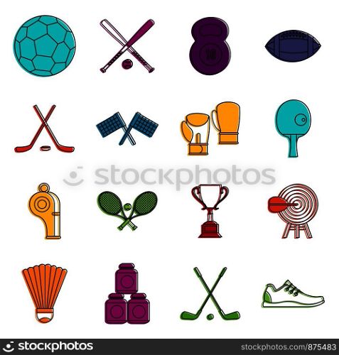 Sport equipment icons set. Doodle illustration of vector icons isolated on white background for any web design. Sport equipment icons doodle set