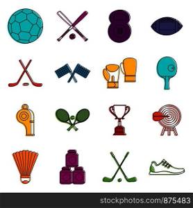 Sport equipment icons set. Doodle illustration of vector icons isolated on white background for any web design. Sport equipment icons doodle set