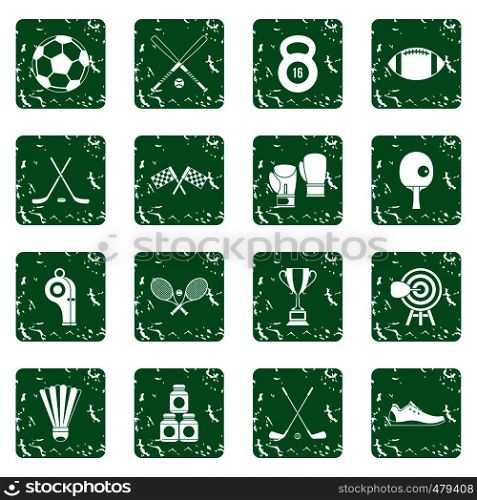 Sport equipment icons set in grunge style green isolated vector illustration. Sport equipment icons set grunge