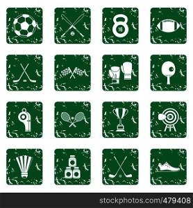Sport equipment icons set in grunge style green isolated vector illustration. Sport equipment icons set grunge