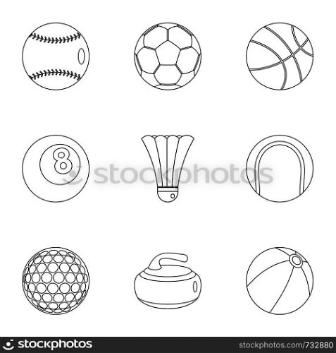 Sport equipment icons set. Outline style set of 9 sport equipment vector icons for web design. Sport equipment icons set, outline style