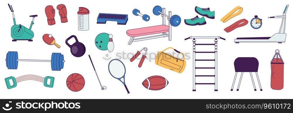 Sport equipment set. Cartoon fitness equipment for workout, weight training, pilates and yoga, muscle and cardio workout. Vector colorful set. Leisure activities as bowling, baseball and golf. Sport equipment set. Cartoon fitness equipment for workout, weight training, pilates and yoga, muscle and cardio workout. Vector colorful set