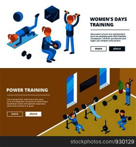 Sport exercise in gym. Horizontal banners with illustrations of fitness people workout vector isometric pictures. Training exercise and fitness sport people. Sport exercise in gym. Horizontal banners with illustrations of fitness people workout vector isometric pictures
