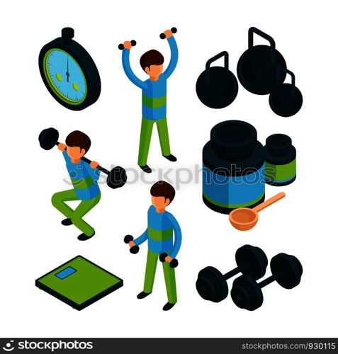 Sport exercise isometric. Equipment for sporting activity peoples healthy vector 3d collection. Activity exercise training for health illustration. Sport exercise isometric. Equipment for sporting activity peoples healthy vector 3d collection