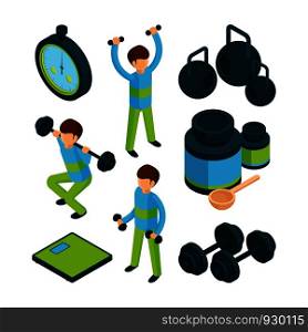 Sport exercise isometric. Equipment for sporting activity peoples healthy vector 3d collection. Activity exercise training for health illustration. Sport exercise isometric. Equipment for sporting activity peoples healthy vector 3d collection