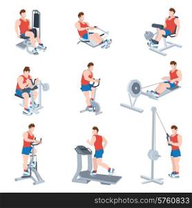 Sport exercise machines and fitness training apparatus set with men isolated vector illustration