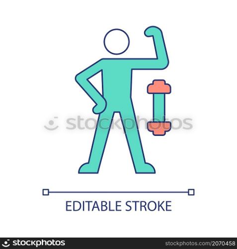 Sport exercises for healthy life RGB color icon. Strong man and dumbbell. Workout lifestyle. Isolated vector illustration. Simple filled line drawing. Editable stroke. Arial font used. Sport exercises for healthy life RGB color icon