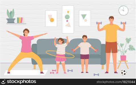 Sport family at home. Parents and kids do exercise in house interior. Indoor healthy lifestyle for active adults and children vector concept. Father and with dumbbells, daughter with hula hoop. Sport family at home. Parents and kids do exercise in house interior. Indoor healthy lifestyle for active adults and children vector concept