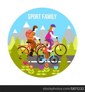 Sport family concept with parents and kid riding bikes flat vector illustration. Sport Family Concept