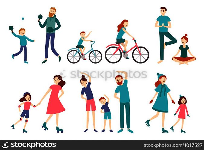 Sport family people. Couple with kids on fitness workout, cycling and play tennis. Sports lifestyle activities, outdoor jogging training healthy recreation flat vector isolated illustration icons set. Sport family people. Couple with kids on fitness workout, cycling and play tennis. Sports lifestyle activities vector illustration