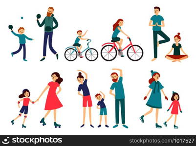 Sport family people. Couple with kids on fitness workout, cycling and play tennis. Sports lifestyle activities, outdoor jogging training healthy recreation flat vector isolated illustration icons set. Sport family people. Couple with kids on fitness workout, cycling and play tennis. Sports lifestyle activities vector illustration
