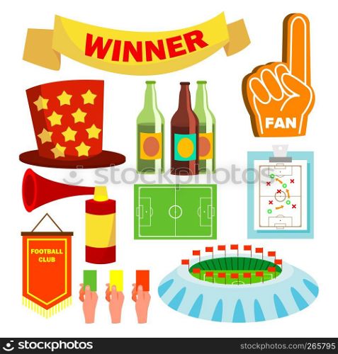 Sport Fan Items Vector. Supporters Accessories. Pub, Beer. Cheer. Isolated Flat Cartoon Illustration. Sport Fan Items Vector. Supporters Accessories. Pub, Beer. Cheer. Isolated Cartoon Illustration