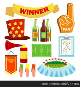 Sport Fan Items Vector. Supporters Accessories. Pub, Beer. Cheer. Isolated Flat Cartoon Illustration. Sport Fan Items Vector. Supporters Accessories. Pub, Beer. Cheer. Isolated Cartoon Illustration