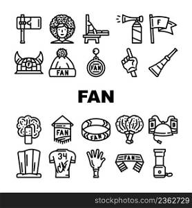 Sport Fan Supporter Accessories Icons Set Vector. Sport Fan Scarf And Bracelet, Helmet With Beer Bottles T-shirt With Autograph Signature, Pompom For Cheerleaders Clapper Black Contour Illustrations. Sport Fan Supporter Accessories Icons Set Vector
