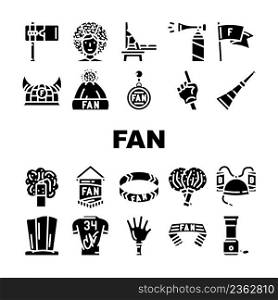 Sport Fan Supporter Accessories Icons Set Vector. Sport Fan Scarf Bracelet, Helmet With Beer Bottles T-shirt With Autograph Signature Pompom Cheerleaders Clapper Glyph Pictograms Black Illustration. Sport Fan Supporter Accessories Icons Set Vector