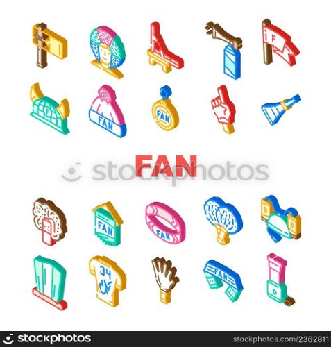 Sport Fan Supporter Accessories Icons Set Vector. Sport Fan Scarf Bracelet, Helmet With Beer Bottles T-shirt With Autograph Signature, Pompom For Cheerleader Clapper Isometric Sign Color Illustrations. Sport Fan Supporter Accessories Icons Set Vector