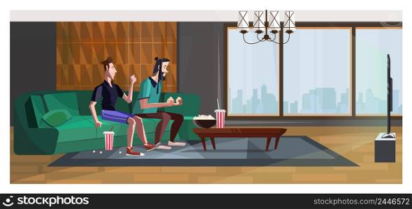 Sport fans cheering for favorite team at home illustration. Emotional men sitting on sofa and watching tv while eating popcorns and drinking soda. Leisure concept