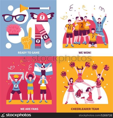 Sport Fans Cheerleaders Isometric Concept. Sport fans cheerleaders and supporters concept 4 flat icons square with accessories and celebration isolated vector illustration