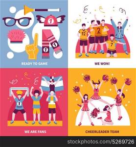 Sport Fans Cheerleaders Isometric Concept. Sport fans cheerleaders and supporters concept 4 flat icons square with accessories and celebration isolated vector illustration