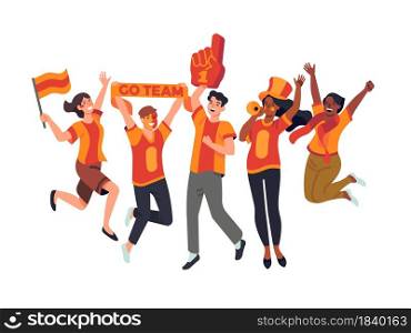 Sport fans. Happy friends rooting for their soccer team, supporters watch football game, competitions audience, cheerleading cheerful crowd vector set. Sport fans. Happy friends rooting for their soccer team, supporters watch football game, competitions audience, cheerleading. Vector set