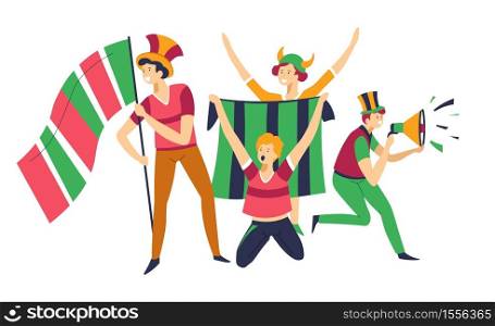 Sport fans man cheering up football sporting team vector isolated characters group friends with hats and flags bullhorn or loudspeaker game, or match buffs or rooters guys screaming and supporting. Fans cheering up sport team hats bullhorns and flags