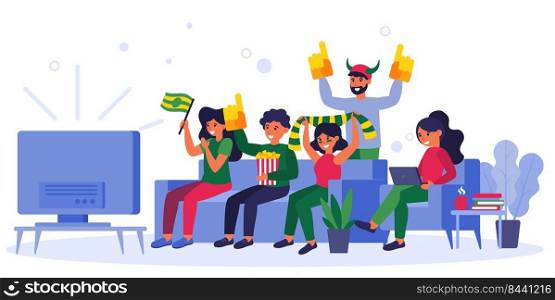 Sport fans watching match on TV. Friends with football club accessory supporting team flat vector illustration. Sport fan club, leisure concept for banner, website design or landing web page