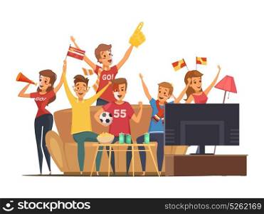 Sport Fans Watching Tv Composition. Colored sport fans watching tv on couch composition people with flags make up vector illustration