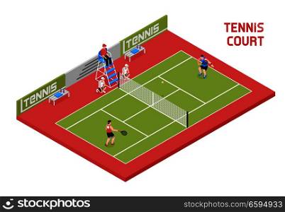 Sport field tennis court isometric composition with 2 players ball boys and referee in tall chair vector illustration . Sport Tennis Court Isometric