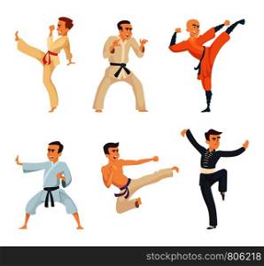 Sport fighters in action poses. Cartoon characters isolate on white background. Vector art martial, fighter karate and warrior combat illustration. Sport fighters in action poses. Cartoon characters isolate on white background