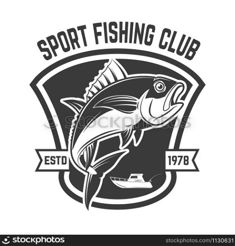 Sport fishing club. Emblem template with tuna fish. Design element for logo, label, sign, poster. Vector illustration