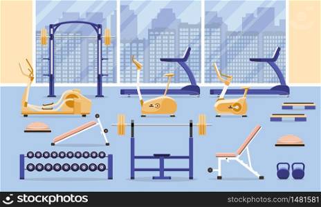 Sport fitness gym interior workout equipment. Flat vector illustration.