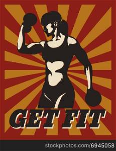 Sport Fitness typographic poster in retro style. Training atletic woman with motivational lettering Get Fit. Design for banner, poster, gym, bodybuilding or fitness club.