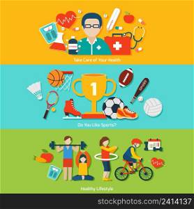 Sport flat banners set with health care and healthy lifestyle elements isolated vector illustration