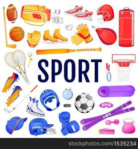 Sport flat color vector objects set. Colorful gear to play match and exercise. Golf bag. Footwear for athlete. Sports equipment 2D isolated cartoon illustrations on white background. Sport flat color vector objects set